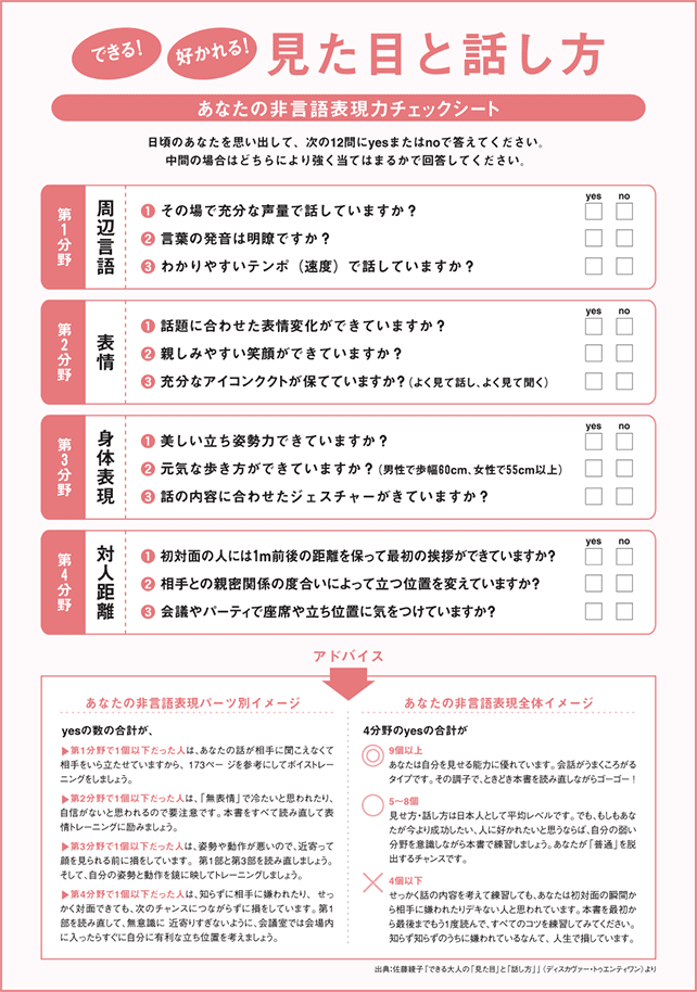 できる！好かれる！見た目と話し方　あなたの非言語表現力チェックシート